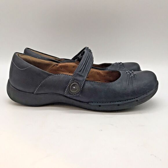 Clarks Unstructured Linda Mary Janes Women's 9M Navy Leather Hook & Loop 60896 - Picture 1 of 11